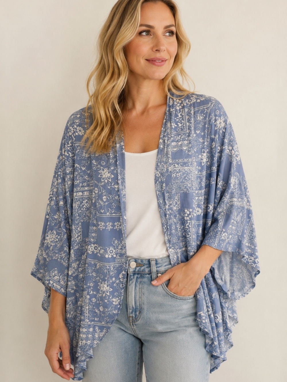 Style Rack Blue & White Floral Patchwork Kimono Cardigan